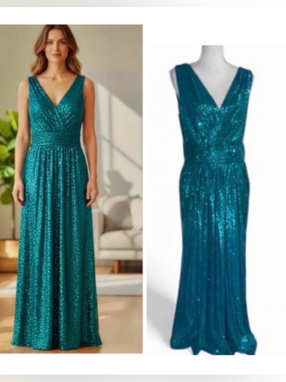 Elegant Teal Sequin Gown Dress Holiday Christmas New Years Gorgeous Color SZ 12